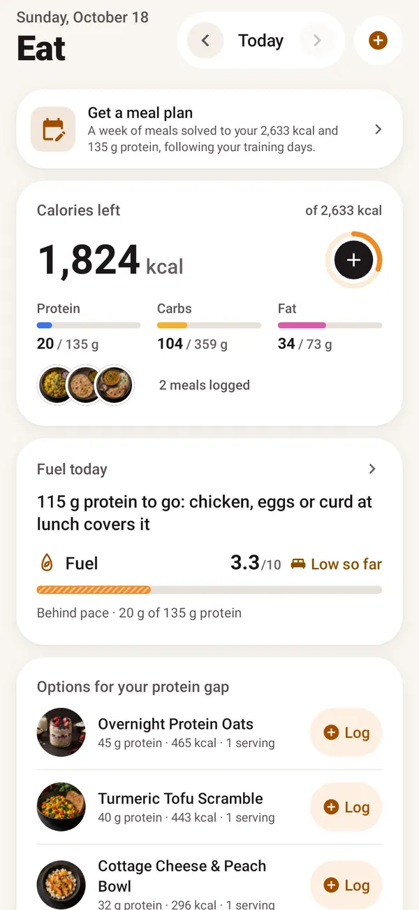 The Eat tab on Android: 1,824 kcal left of 2,633, protein, carbs and fat against their targets, Fuel 3.3 out of 10, and dishes that close the protein gap.