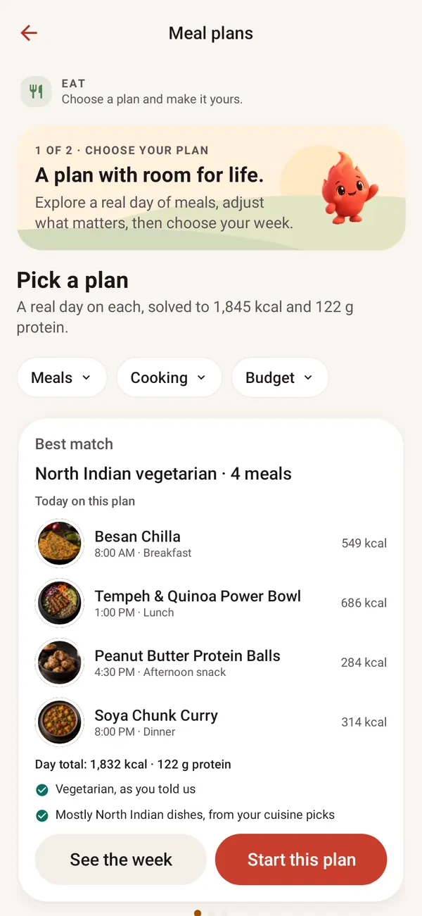 Meal plans on Android: Pick a plan, with North Indian vegetarian, 4 meals, as the best match, a day of 1,832 kcal and 122 g protein, and a Start this plan button.