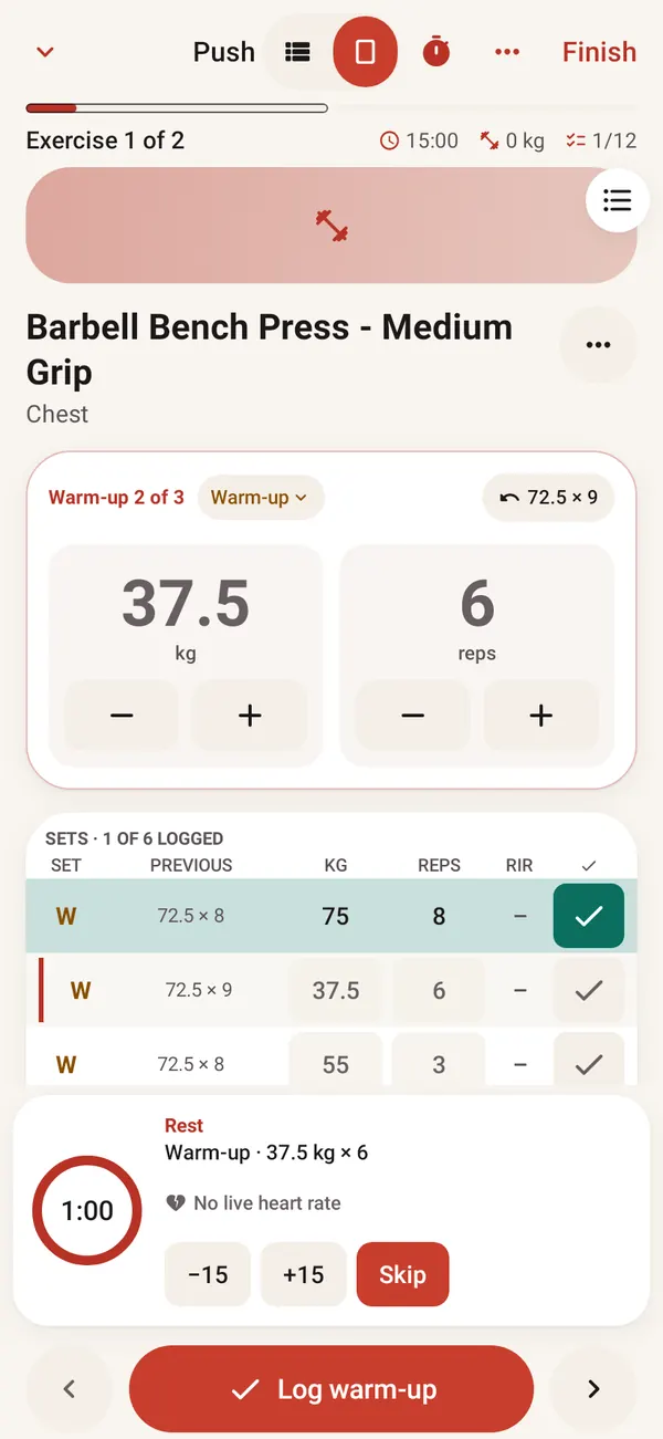 Logging a set on Android: Barbell Bench Press, warm-up 2 of 3 at 37.5 kg for 6 reps with steppers, a 1:00 rest ring and a Log warm-up button.