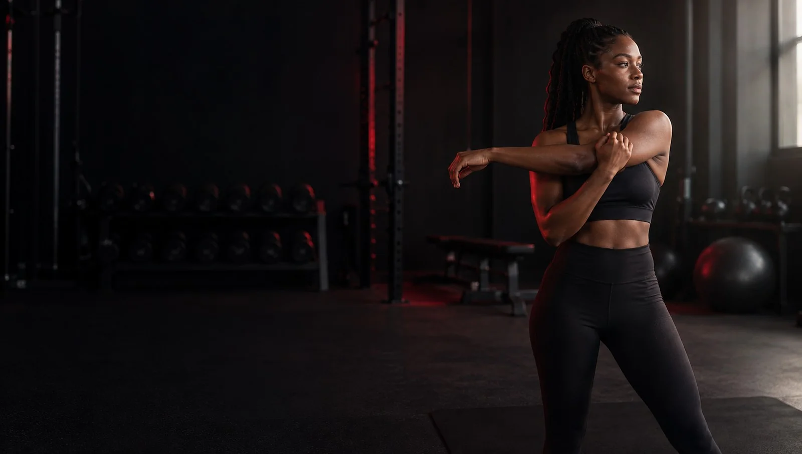 An athlete stretching in a gym.