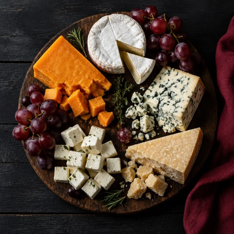 A mixed cheese board with fresh white cheese cubes and other cheeses.