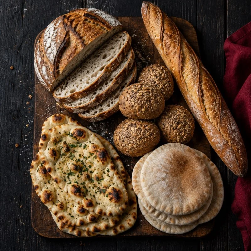 An assortment of breads on a table.