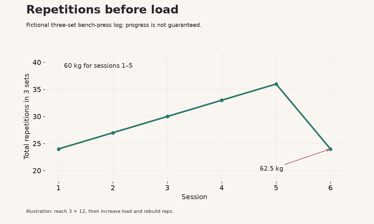 A fictional bench-press example progressing reps before weight.