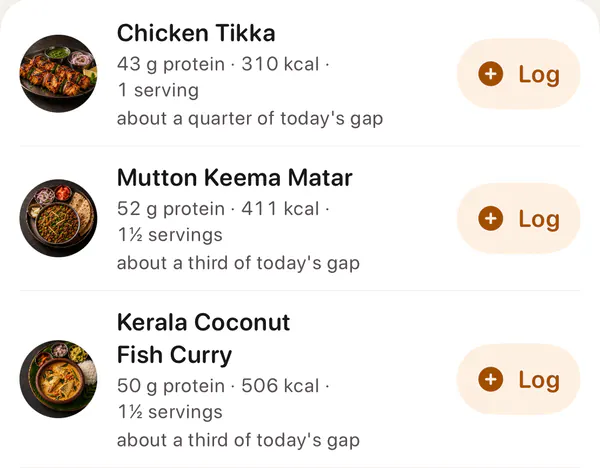 Ask Coach’s answer: dish cards for Chicken Tikka (43 g protein), Mutton Keema Matar (52 g) and Kerala Coconut Fish Curry (50 g), each with a round photo and a Log button.