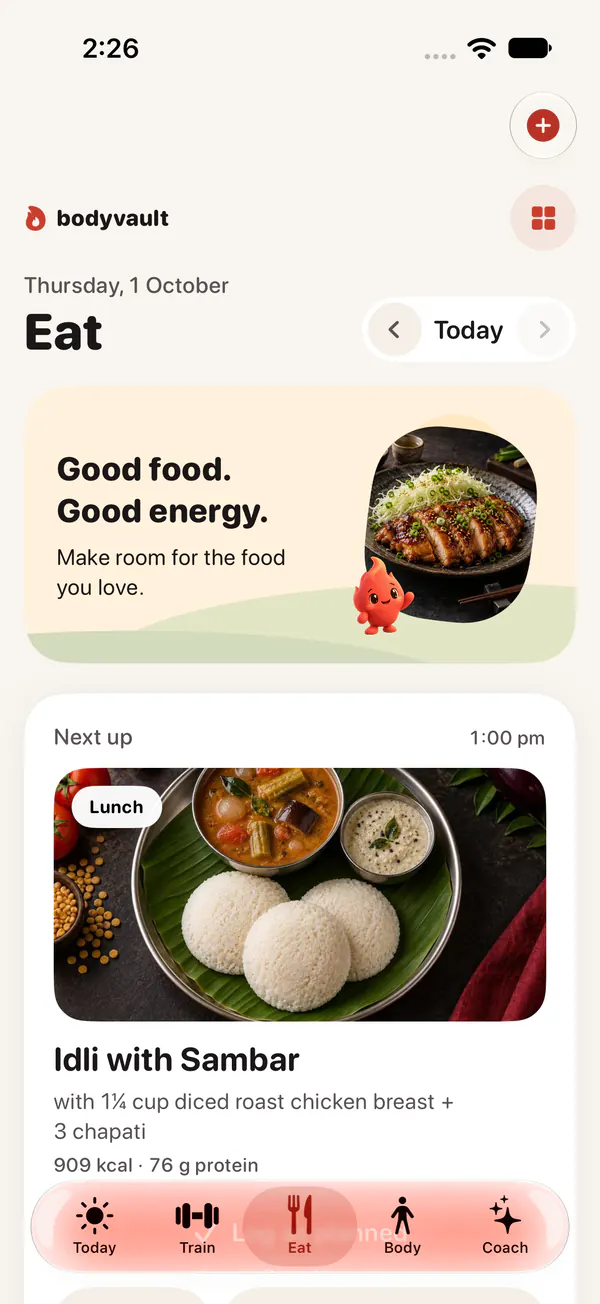 Bodyvault Eat tab showing meals and calorie and protein totals.