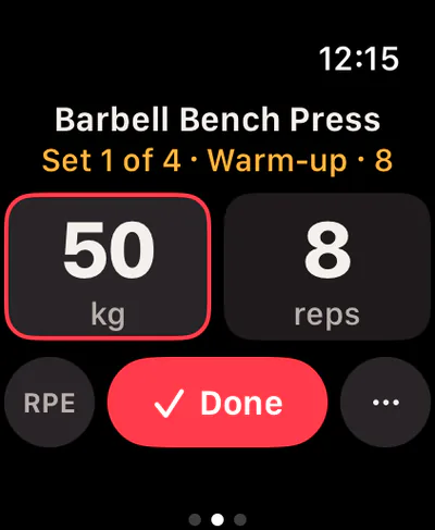 Set logging on Apple Watch: Barbell Bench Press, set 1 of 4, 50 kg and 8 reps in large tiles, and a red Done button.