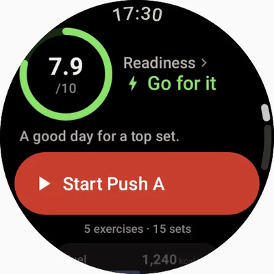 Wear OS home: Readiness 7.9 out of 10 on a green ring, “Go for it”, and a red Start Push A button.