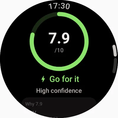 Readiness on Wear OS: 7.9 out of 10 on a large green ring, “Go for it”, with high confidence.
