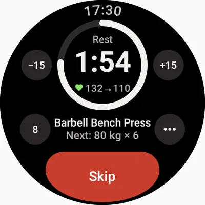 Rest on Wear OS: a 1:54 rest ring, heart rate down from 132 to 110, next 80 kg for 6, and a red Skip button.