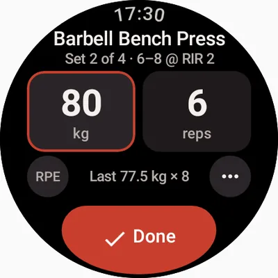 Set logging on Wear OS: Barbell Bench Press, set 2 of 4, 80 kg and 6 reps, last time 77.5 kg for 8, and a red Done button.